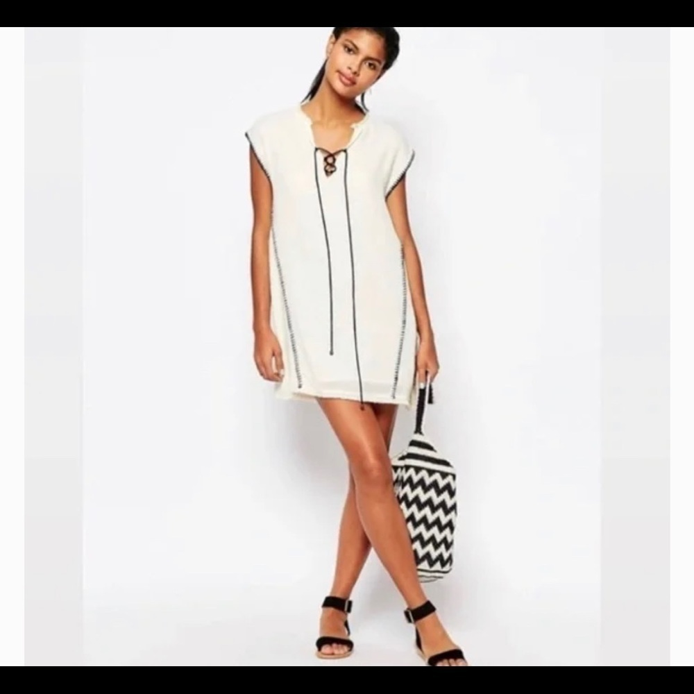 Moon River Blanket Stitch Shift Dress In Cream With Black Stitches Size Small